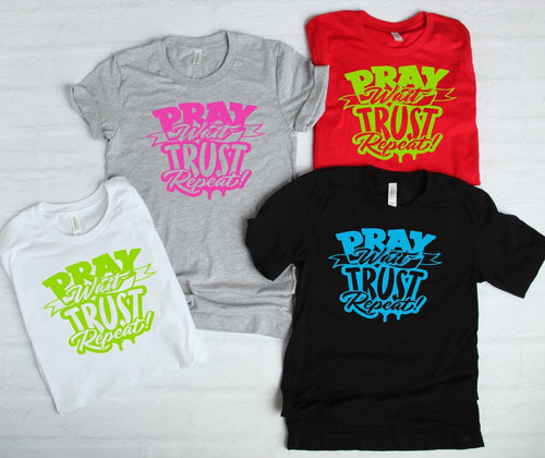 Pray wait trust repeat T-shirt (Neon pink writing)
